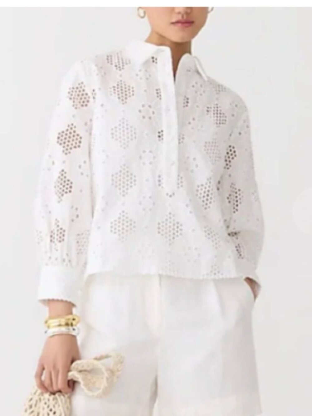J. Crew Long-Sleeve Popover Top in Eyelet White XXS run big